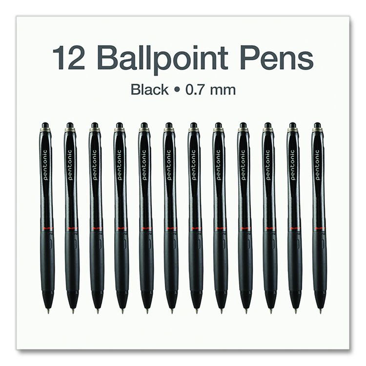 PENTONIC Ballpoint Pen, Retractable, Fine 0.7 mm, Black Ink, Black Barrel, 12/Pack