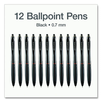 PENTONIC Ballpoint Pen, Retractable, Fine 0.7 mm, Black Ink, Black Barrel, 12/Pack