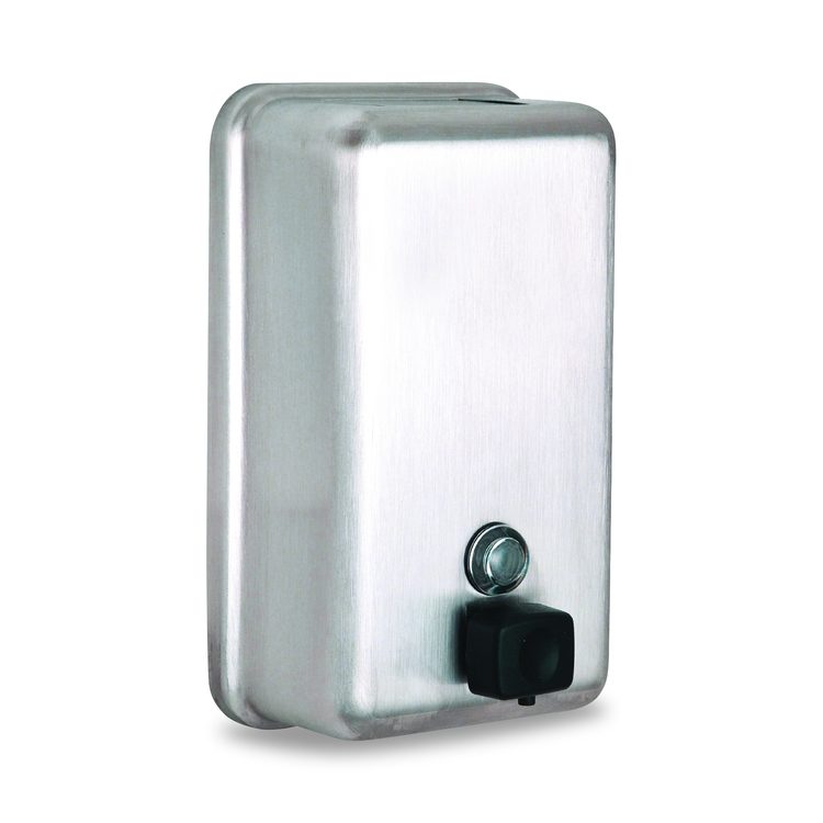 Vertical Manual Surface-Mounted Stainless Steel Liquid Soap Dispenser, 40 oz, 2.8 x 4.8 x 8.1, Brushed Stainless Steel