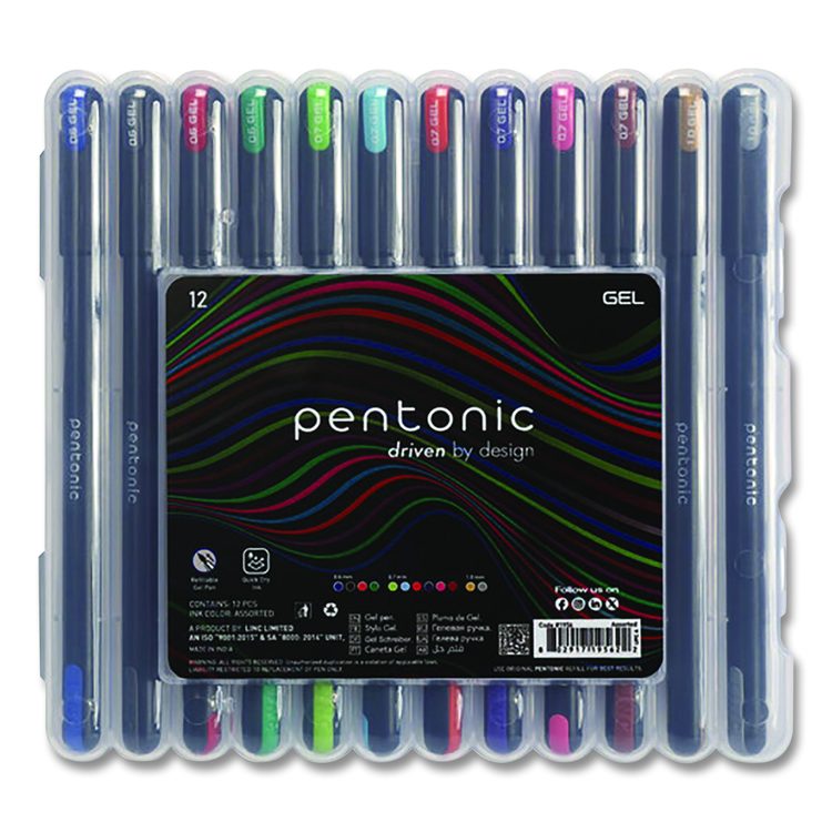 PENTONIC Gel Pen, Stick, Assorted Point Sizes, Assorted Ink Colors, Black Barrel, 12/Pack