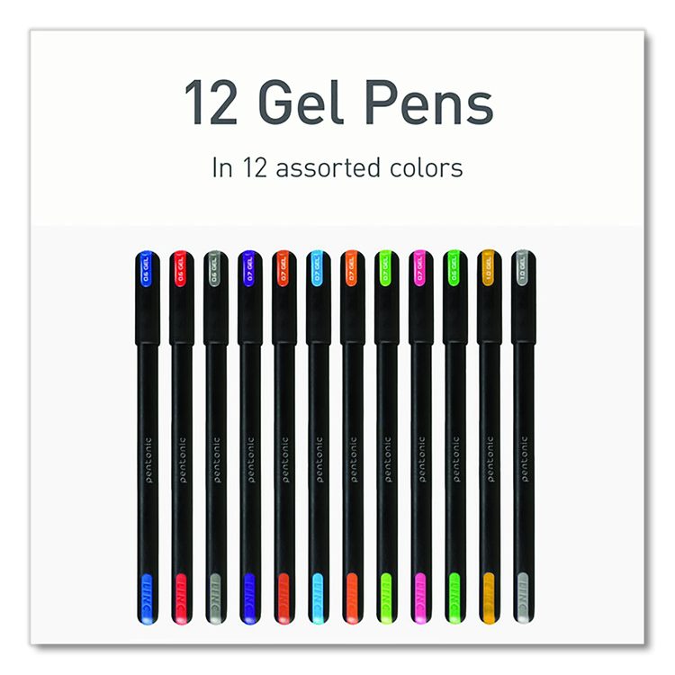 PENTONIC Gel Pen, Stick, Assorted Point Sizes, Assorted Ink Colors, Black Barrel, 12/Pack