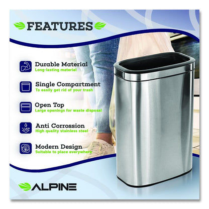 Stainless Steel Rectangular Liner Open Top Trash Can, 10.5 gal, Brushed Stainless Steel
