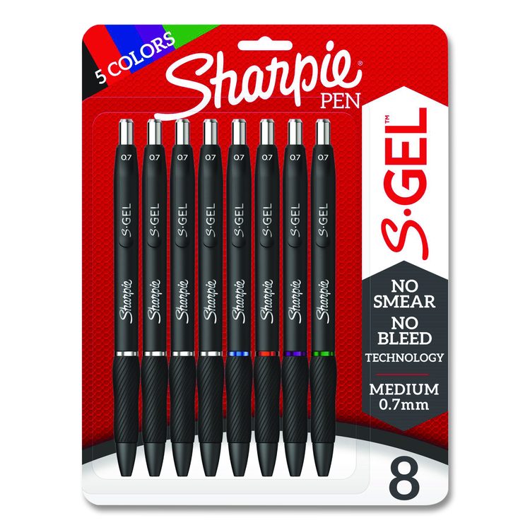 S-Gel High-Performance Gel Pens, Retractable, Medium 0.7 mm, Assorted Ink Colors, Black Barrel, 8/Pack