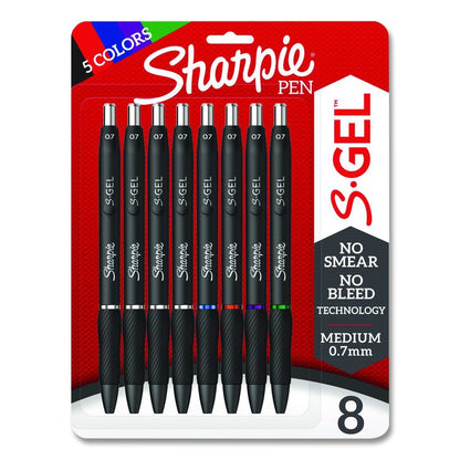 S-Gel High-Performance Gel Pens, Retractable, Medium 0.7 mm, Assorted Ink Colors, Black Barrel, 8/Pack