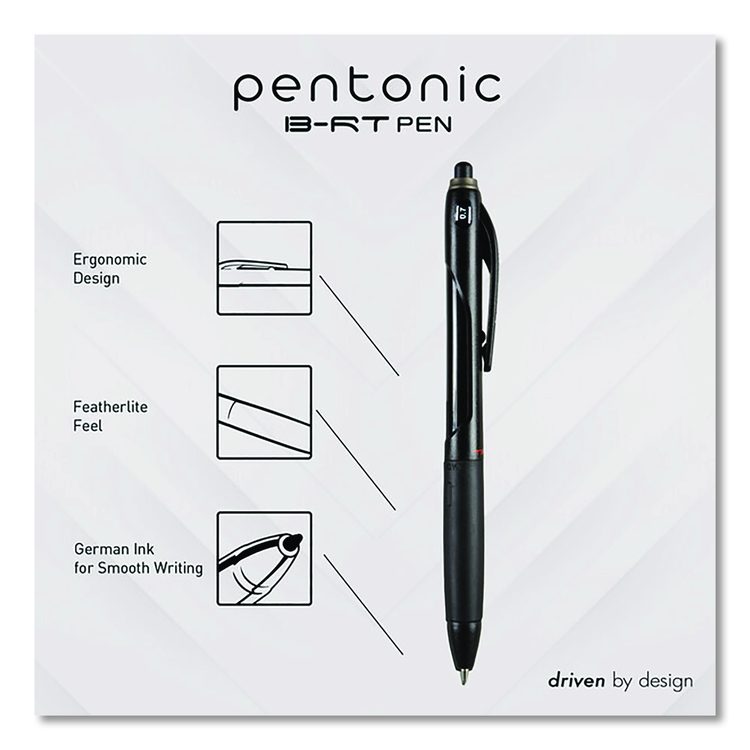 PENTONIC Ballpoint Pen, Retractable, Fine 0.7 mm, Black Ink, Black Barrel, 12/Pack