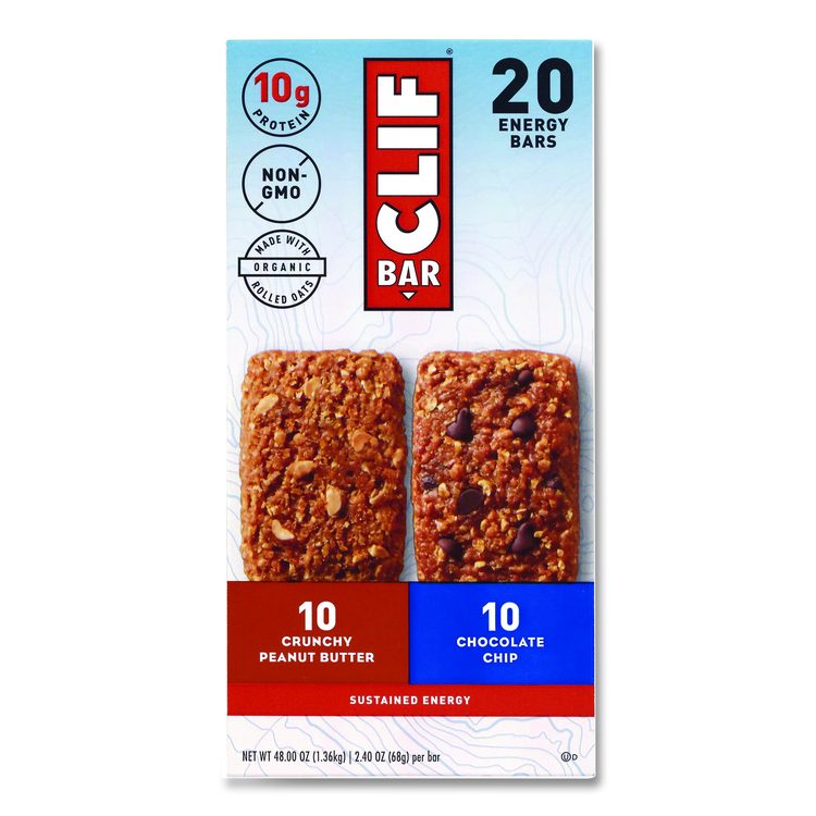Energy Bar, Variety Pack, Chocolate Chip/Crunchy Peanut Butter, 2.4 oz, 20/Box