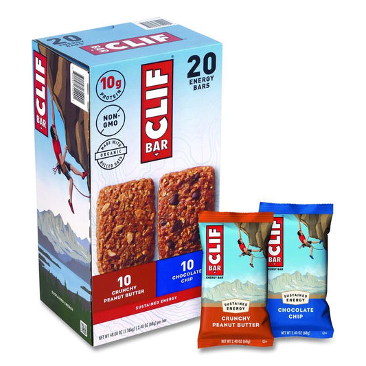 Energy Bar, Variety Pack, Chocolate Chip/Crunchy Peanut Butter, 2.4 oz, 20/Box