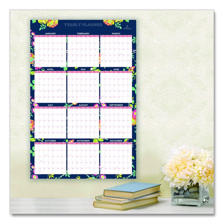 Day Designer Peyton Laminated Erasable Wall Calendar, Floral Artwork, 36 x 24, White/Navy Sheets, 12-Month (Jan to Dec): 2026