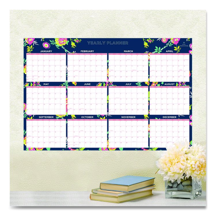 Day Designer Peyton Laminated Erasable Wall Calendar, Floral Artwork, 36 x 24, White/Navy Sheets, 12-Month (Jan to Dec): 2026