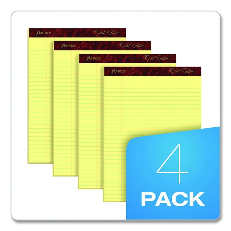 Gold Fibre Writing Pads, Wide/Legal Rule, (50) Canary Yellow 8.5 x 11 Sheets, 4/Pack