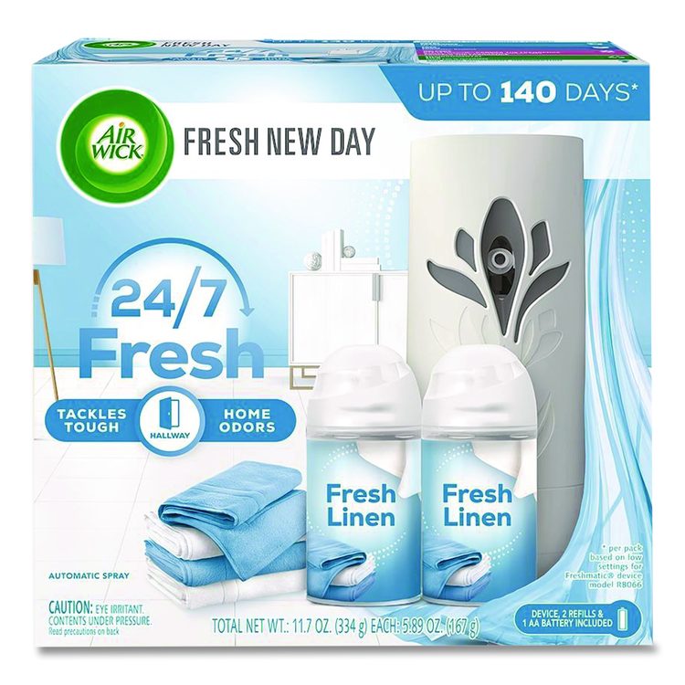 Freshmatic Ultra Automatic Starter Kit, Gadget/(2) 5.89 oz Fresh Linen Refills/AA Battery, 4 Kits/Carton
