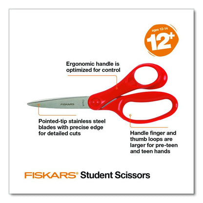 Student Scissors, Pointed Tip, 7" Long, Offset Assorted Color Handle