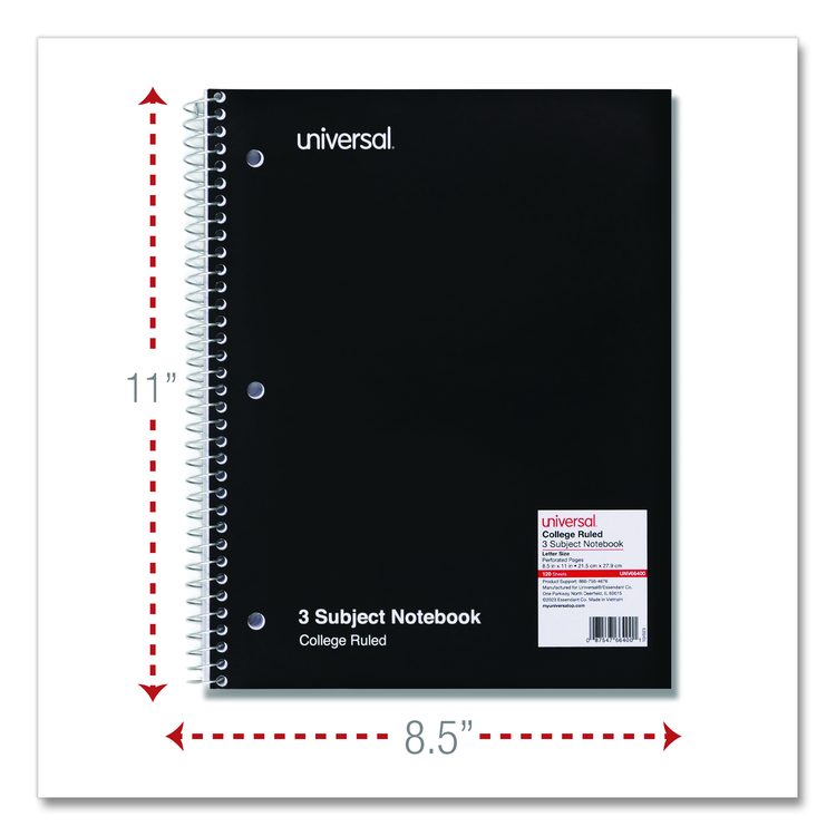 Wirebound Notebook, 3-Subject, Medium/College Rule, Black Cover, (120) 11 x 8.5 Sheets