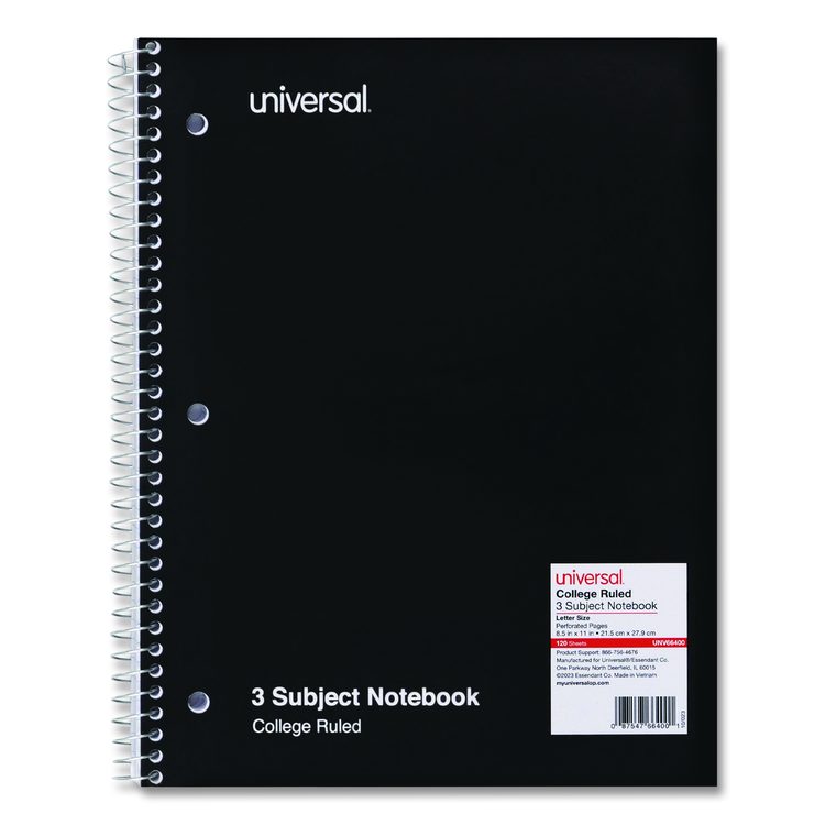 Wirebound Notebook, 3-Subject, Medium/College Rule, Black Cover, (120) 11 x 8.5 Sheets