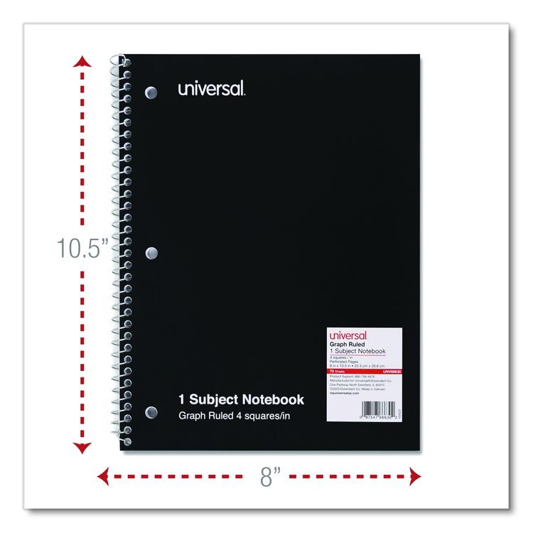 Wirebound Notebook, 1-Subject, Quadrille Rule (4 sq/in), Black Cover, (70) 10.5 x 8 Sheets