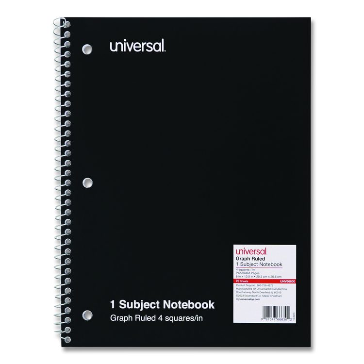 Wirebound Notebook, 1-Subject, Quadrille Rule (4 sq/in), Black Cover, (70) 10.5 x 8 Sheets