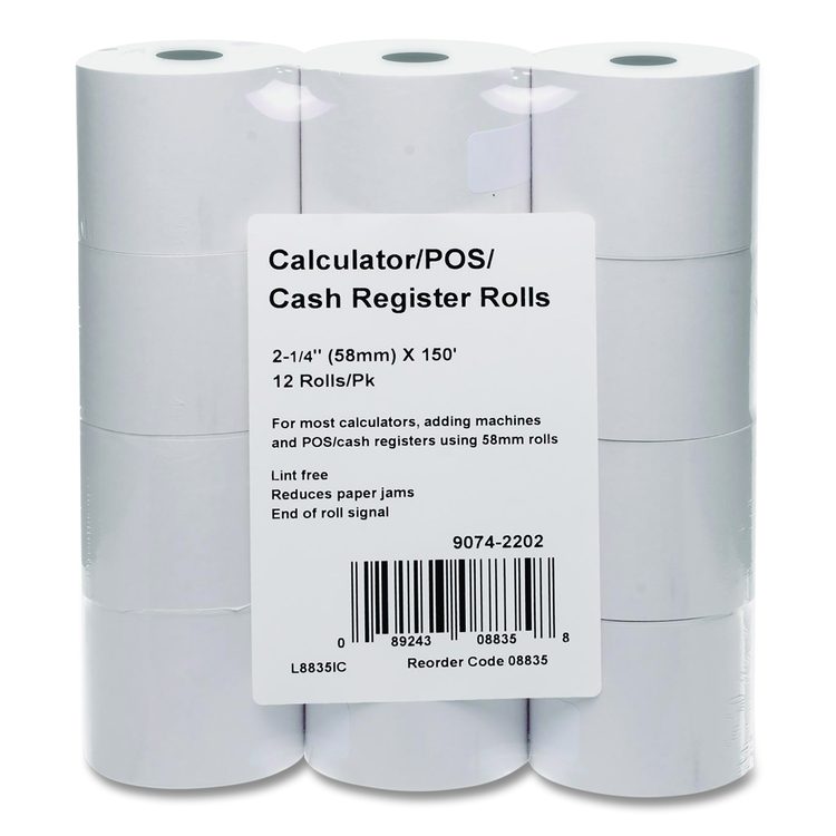 Impact Bond Paper Rolls, 2.25" x 150 ft, White, 12/Pack