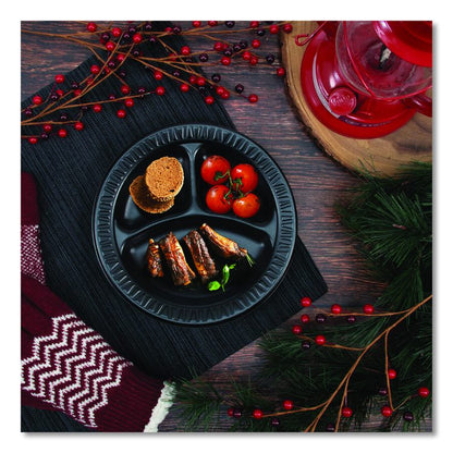 Quiet Classic Laminated Foam Dinnerware, 3-Compartment Plate, 9" dia, Black, 125/Sleeve, 4 Sleeves/Carton