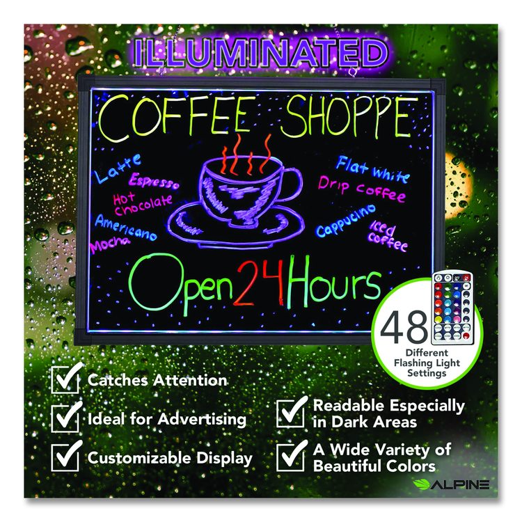 LED Illuminated Hanging Message Writing Board, Black 26" x 18" Surface, Black 27.6" x 19.7" Frame