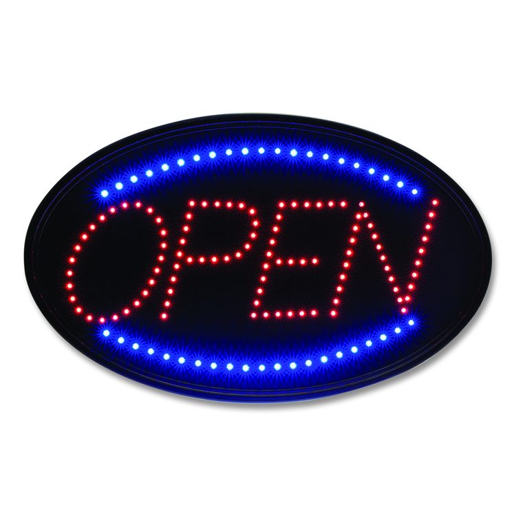 LED Oval Open Sign, 23 x 14, Black Frame, Blue/Red Graphics