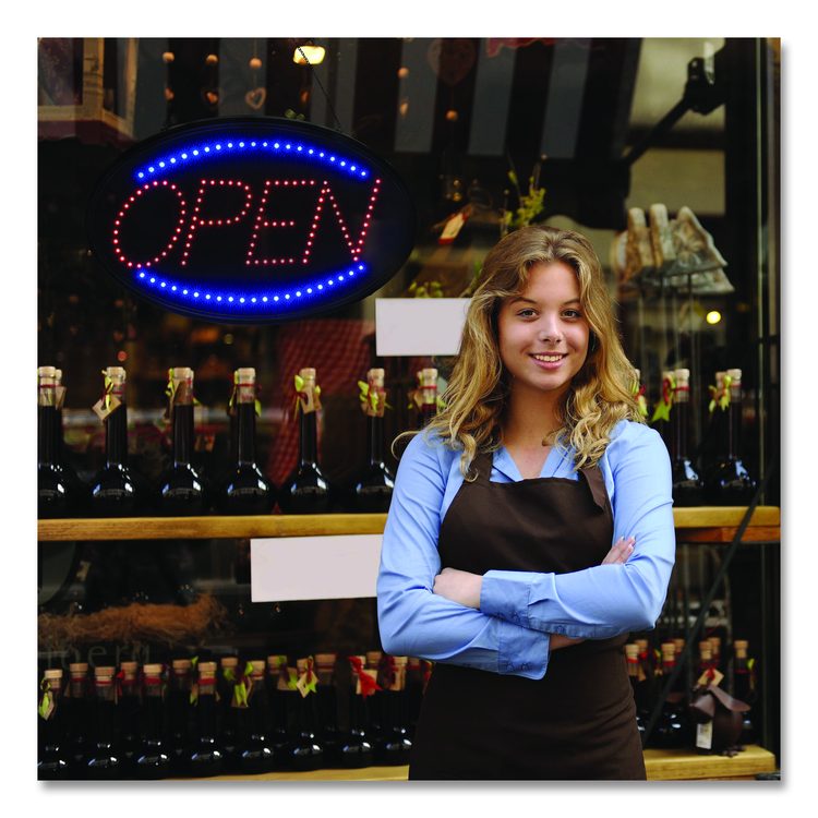 LED Oval Open Sign, 23 x 14, Black Frame, Blue/Red Graphics