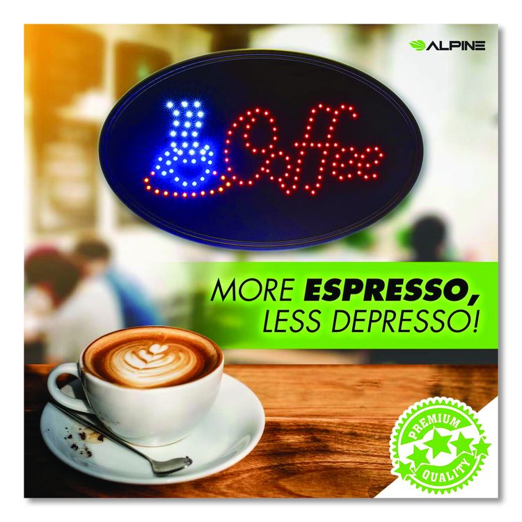 LED Oval Coffee Sign, 23 x 14, Black Frame, Blue/Red Graphics