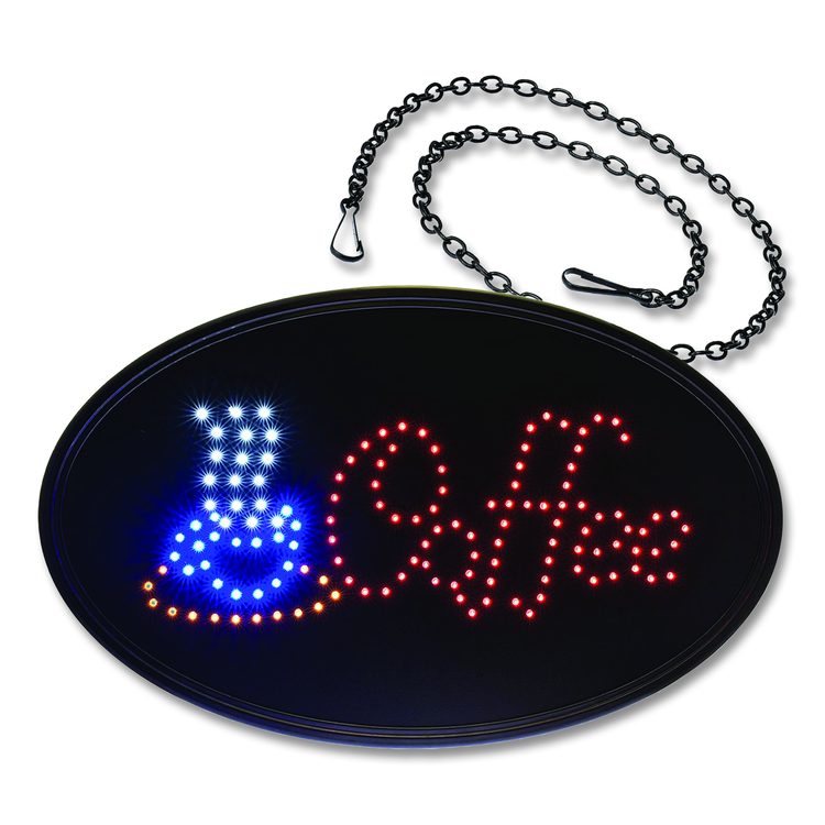 LED Oval Coffee Sign, 23 x 14, Black Frame, Blue/Red Graphics