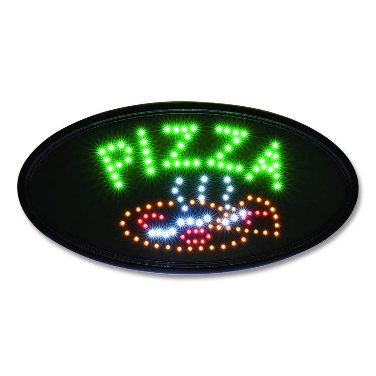LED Oval Pizza Sign, 23 x 14, Black Frame, Green/Orange/Red/White Graphics