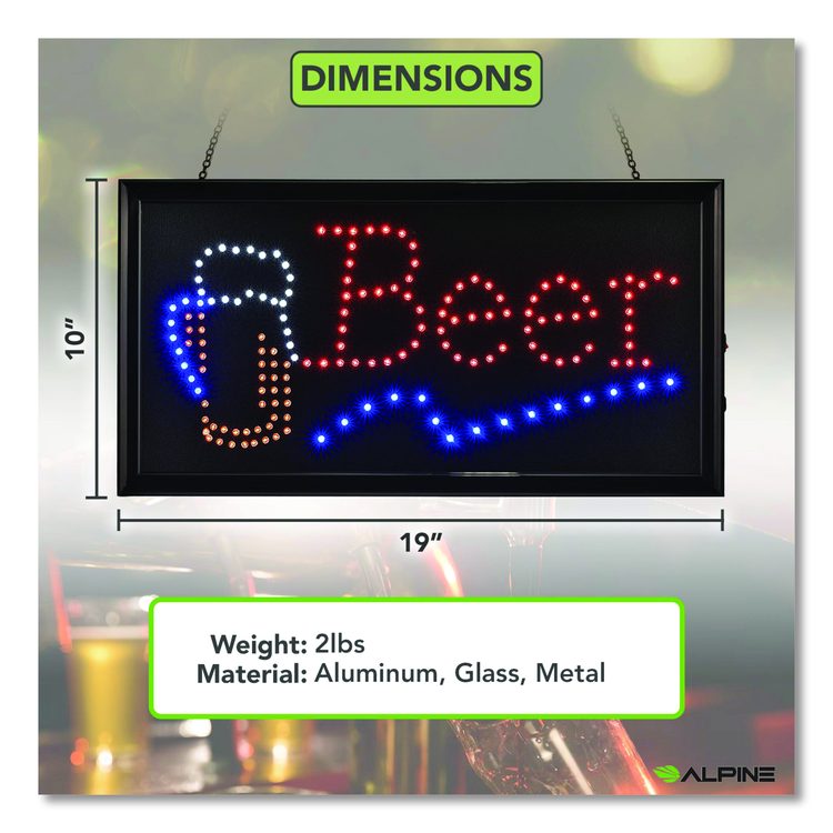 LED Rectangular Beer Sign, 19 x 10, Black Frame, Blue/Green/Orange/Red/White Graphics
