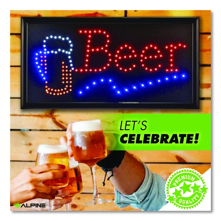 LED Rectangular Beer Sign, 19 x 10, Black Frame, Blue/Green/Orange/Red/White Graphics