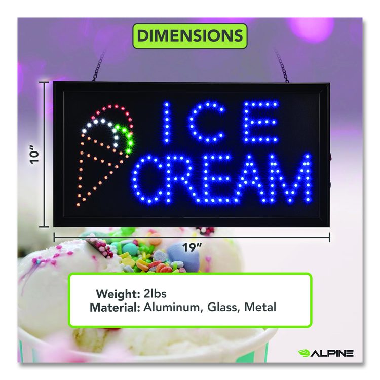 LED Rectangular Ice Cream Sign, 19 x 10, Black Frame, Blue/Green/Orange/Red/White Graphics