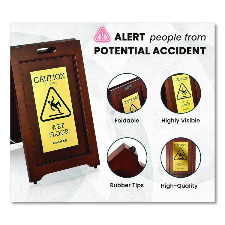 2-Sided Plated Wooden A-Frame Bilingual Wet Floor Sign, 15 x 2 x 24, Brass