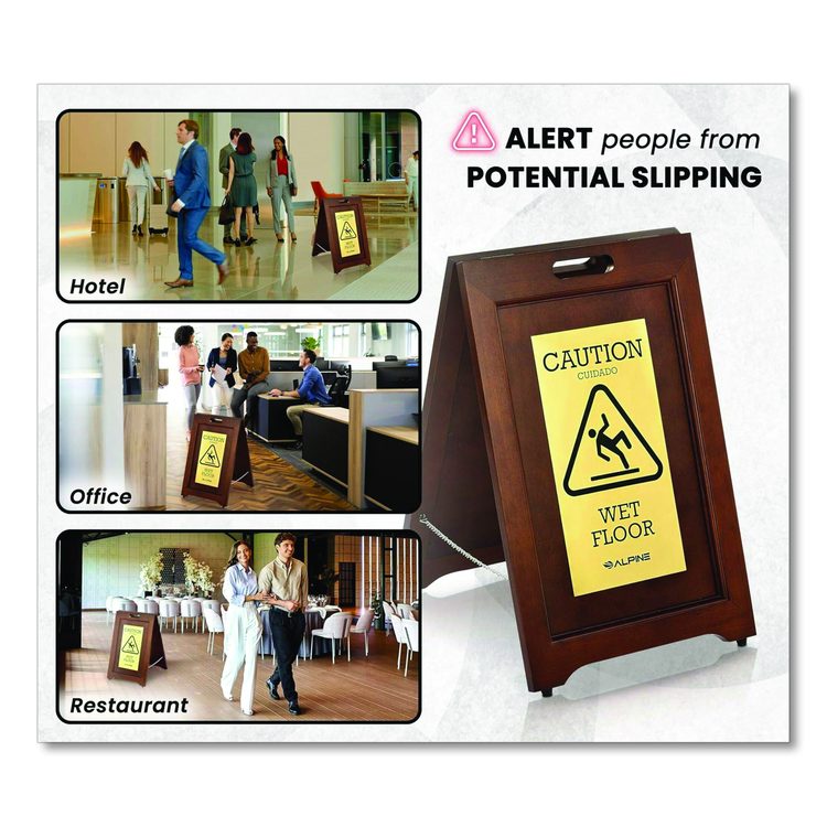 2-Sided Plated Wooden A-Frame Bilingual Wet Floor Sign, 15 x 2 x 24, Brass