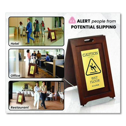 2-Sided Plated Wooden A-Frame Bilingual Wet Floor Sign, 15 x 2 x 24, Brass