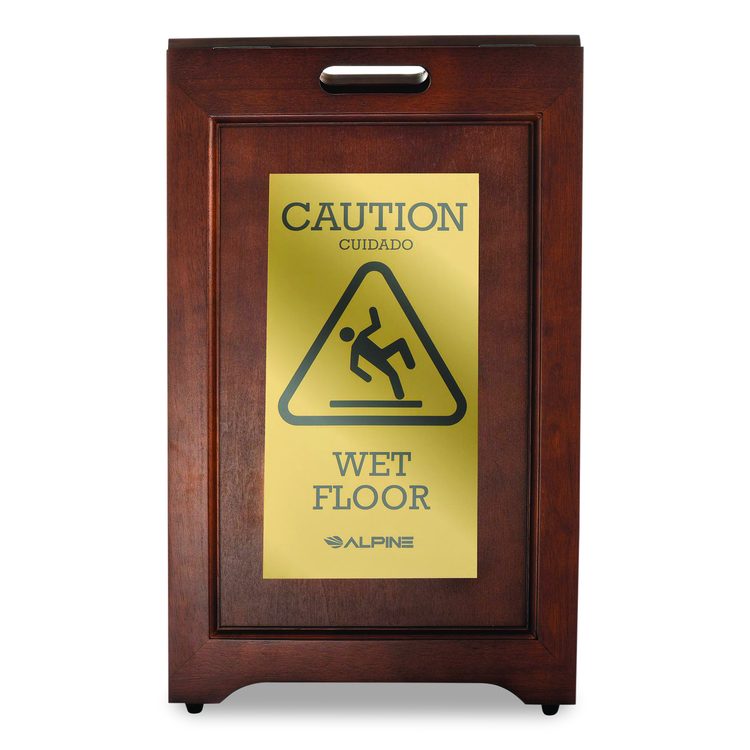 2-Sided Plated Wooden A-Frame Bilingual Wet Floor Sign, 15 x 2 x 24, Brass