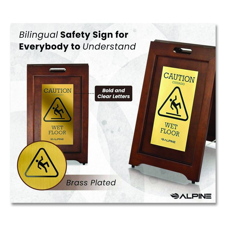 2-Sided Plated Wooden A-Frame Bilingual Wet Floor Sign, 15 x 2 x 24, Brass