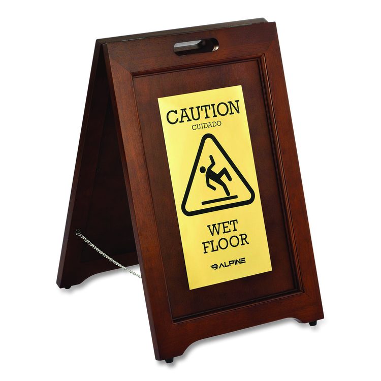 2-Sided Plated Wooden A-Frame Bilingual Wet Floor Sign, 15 x 2 x 24, Brass