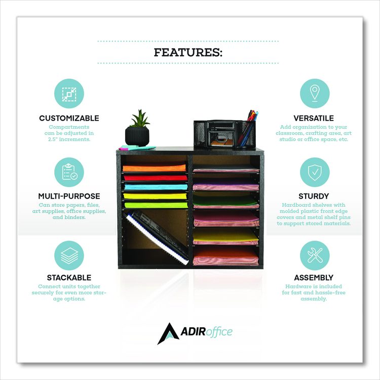 Wood Adjustable 12 Compartment Literature Organizer, 12 Sections, Letter Size, 20 x 11.8 x 16.3, Black
