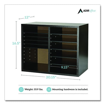 Wood Adjustable 12 Compartment Literature Organizer, 12 Sections, Letter Size, 20 x 11.8 x 16.3, Black