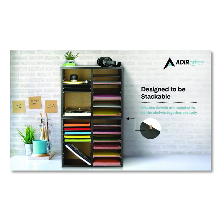 Wood Adjustable 12 Compartment Literature Organizer, 12 Sections, Letter Size, 20 x 11.8 x 16.3, Black