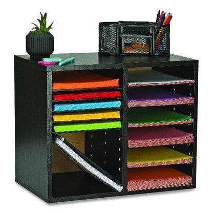 Wood Adjustable 12 Compartment Literature Organizer, 12 Sections, Letter Size, 20 x 11.8 x 16.3, Black