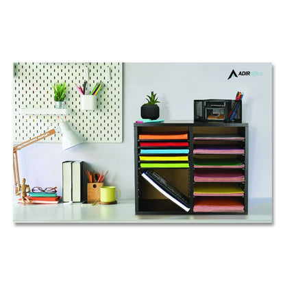 Wood Adjustable 12 Compartment Literature Organizer, 12 Sections, Letter Size, 20 x 11.8 x 16.3, Black