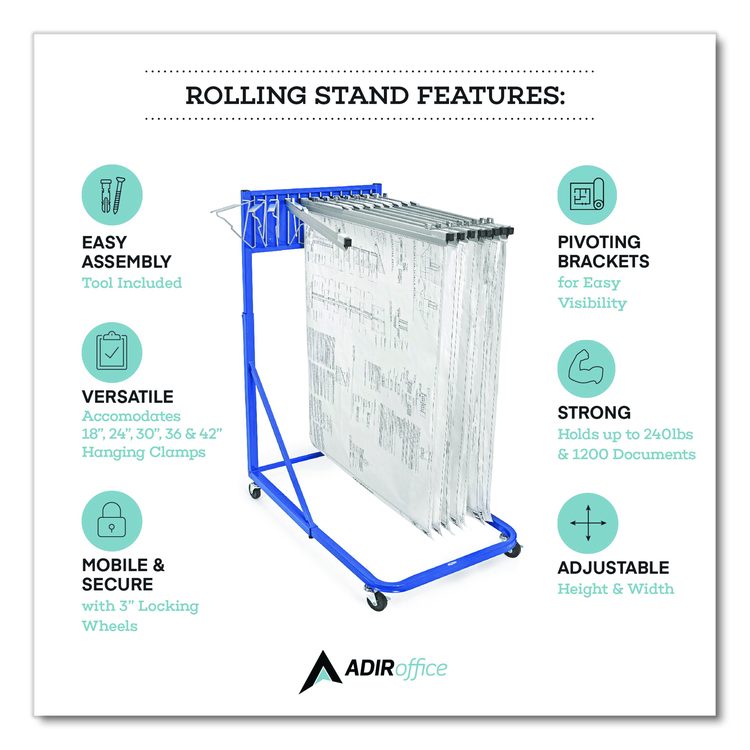 Blueprint Storage Cabinet Rolling Stand, Assorted Document Sizes Accomodated, 27" x 28.5" to 46.5" x 46" to 66", Blue