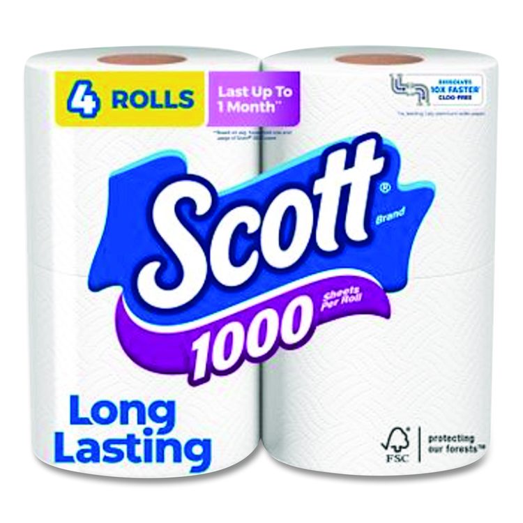 1000 Bathroom Tissue, Septic Safe, 1-Ply, White, 1,000 Sheets/Roll, 4 Rolls/Pack, 12 Packs/Carton