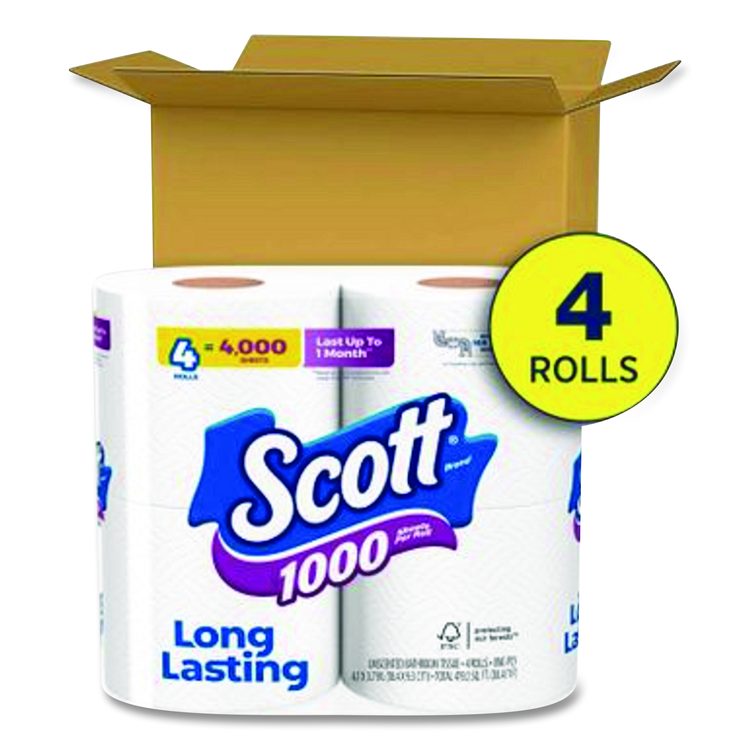 1000 Bathroom Tissue, Septic Safe, 1-Ply, White, 1,000 Sheets/Roll, 4 Rolls/Pack, 12 Packs/Carton