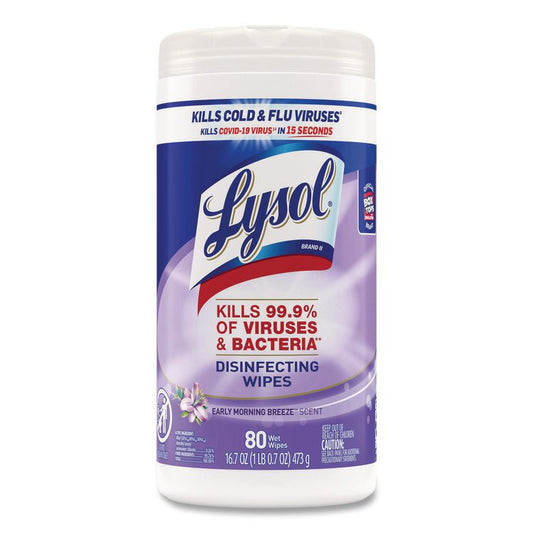 Disinfecting Wipes, 1-Ply, 7 x 7.25, Early Morning Breeze, White, 80 Wipes/Canister, 6 Canisters/Carton