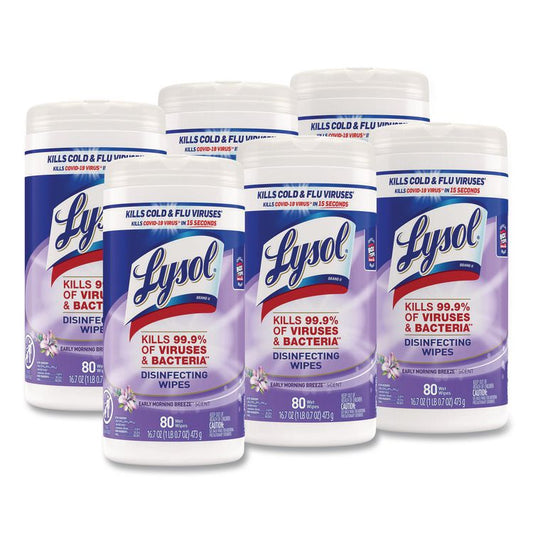 Disinfecting Wipes, 1-Ply, 7 x 7.25, Early Morning Breeze, White, 80 Wipes/Canister, 6 Canisters/Carton