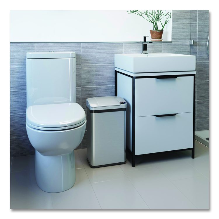 Rectangular Sensor Trash Can, 4 gal, Plastic/Stainless Steel, Silver