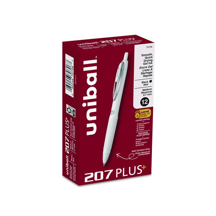 207 Plus+ Gel Pen, Retractable, Medium 0.7 mm, Black Ink, White Barrel, Dozen