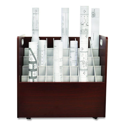 50-Compartment Mobile Wood Blueprint Rolled File Storage Organizer, 50 Compartments, 30 x 15.75 x 28.5, Mahogany